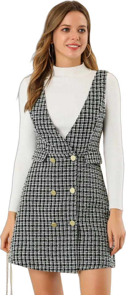 Plaid tweed V-neck pinafore dress