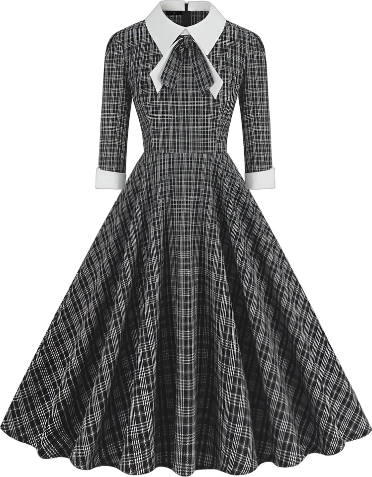 Plaid white-collar bow swing dress
