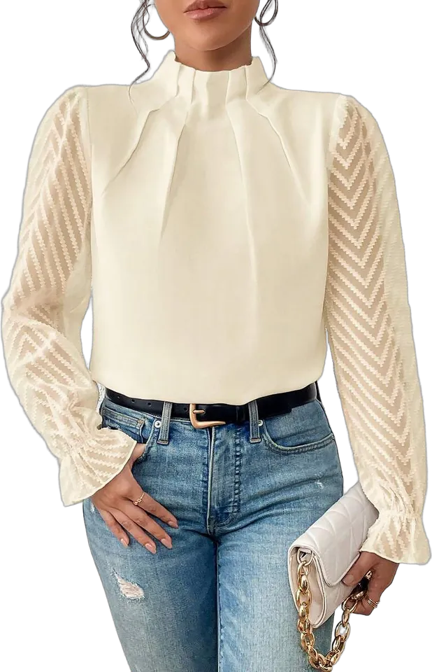 Pleated chiffon mock neck blouse