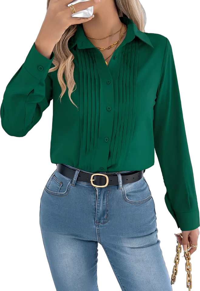 Pleated front button-down shirt