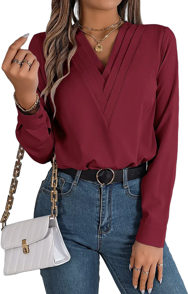 Pleated V-neck long sleeve blouse