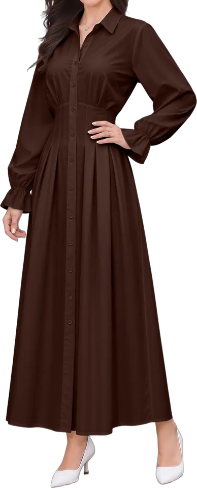 Pleated-waist maxi shirt dress