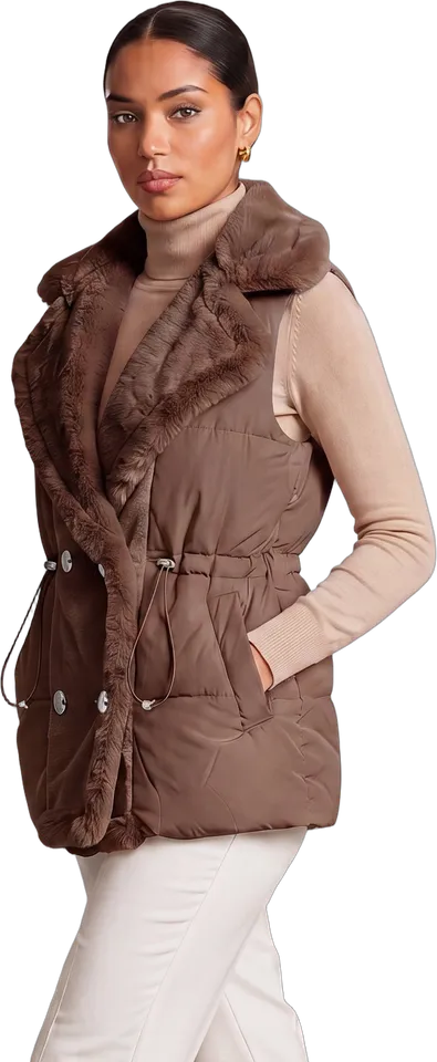 Plush lapel double-breasted puffer vest
