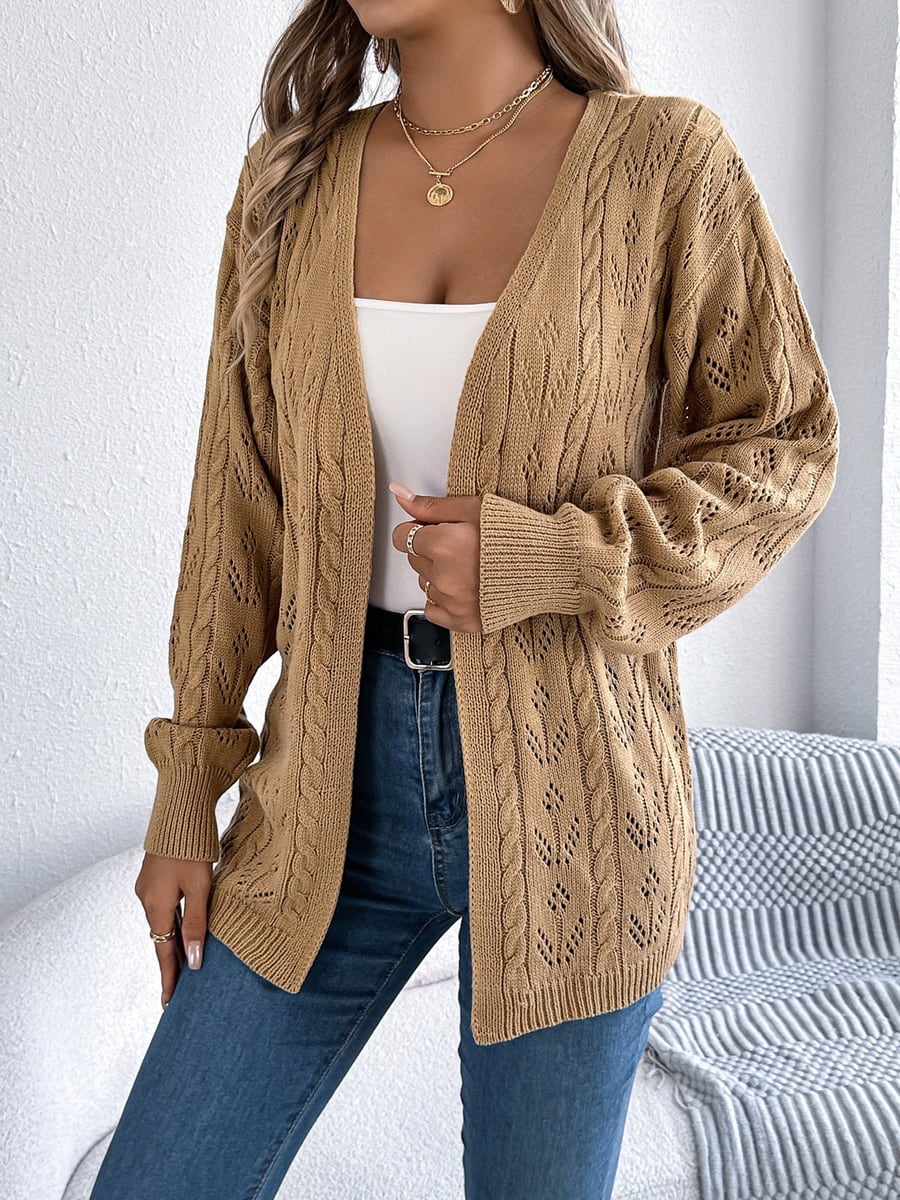 Front view, khaki cardigan over a white top