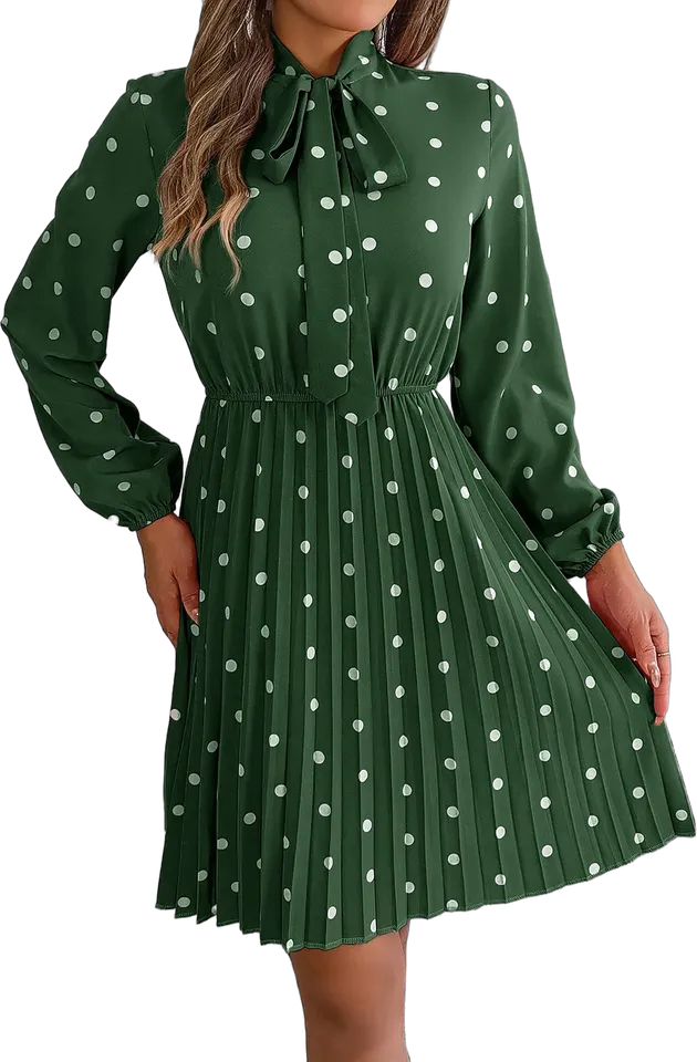 Polka dot bow neck pleated dress