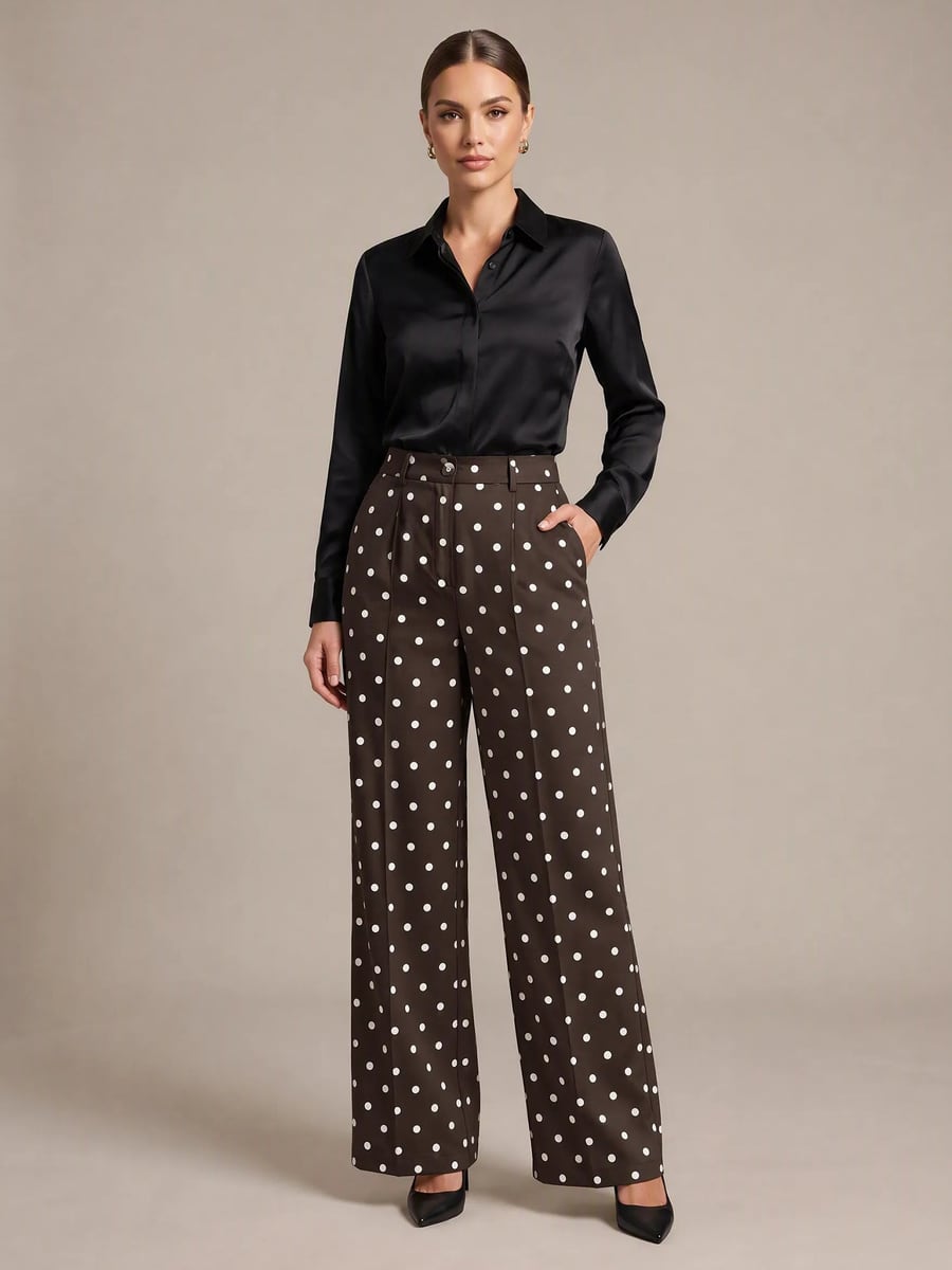 Full length, coffee polka dot trousers with a black blouse