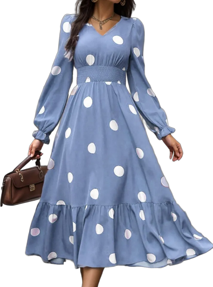 Polka dot V neck ruffle hem swing dress