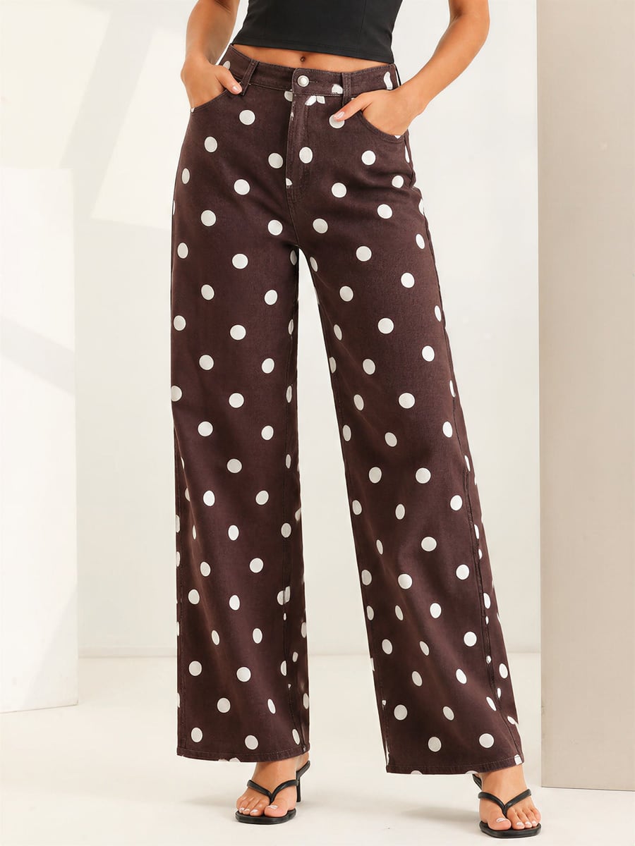 Front view of the burgundy dot jeans