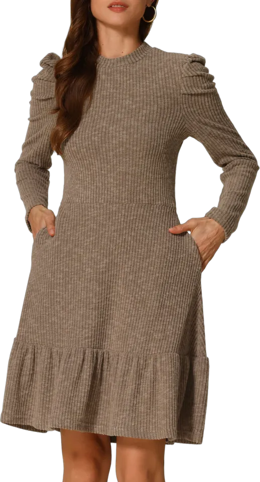 Puff shoulder ruffle hem knit dress
