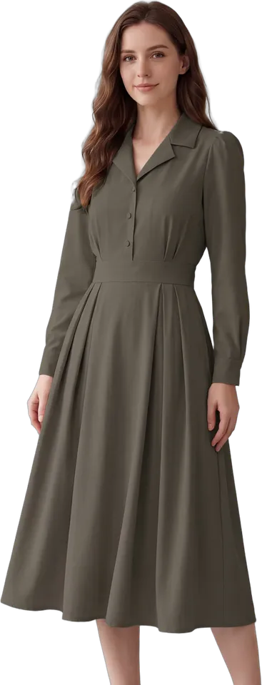 Puff sleeve collared A-line midi shirt dress
