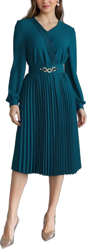 Ring buckle belted pleated midi dress