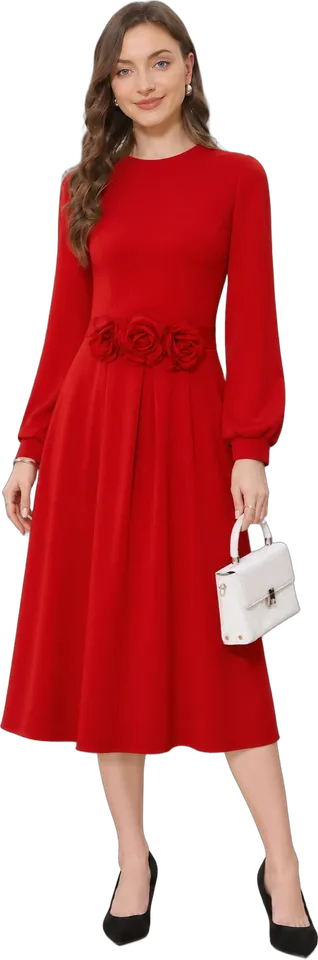 Rosette waist lantern sleeve midi dress
