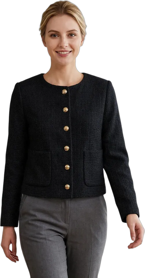 Round-neck button-front tweed jacket