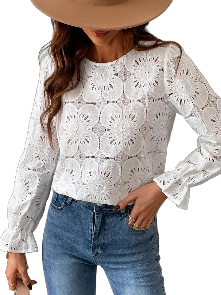 Round neck lace flare cuff blouse