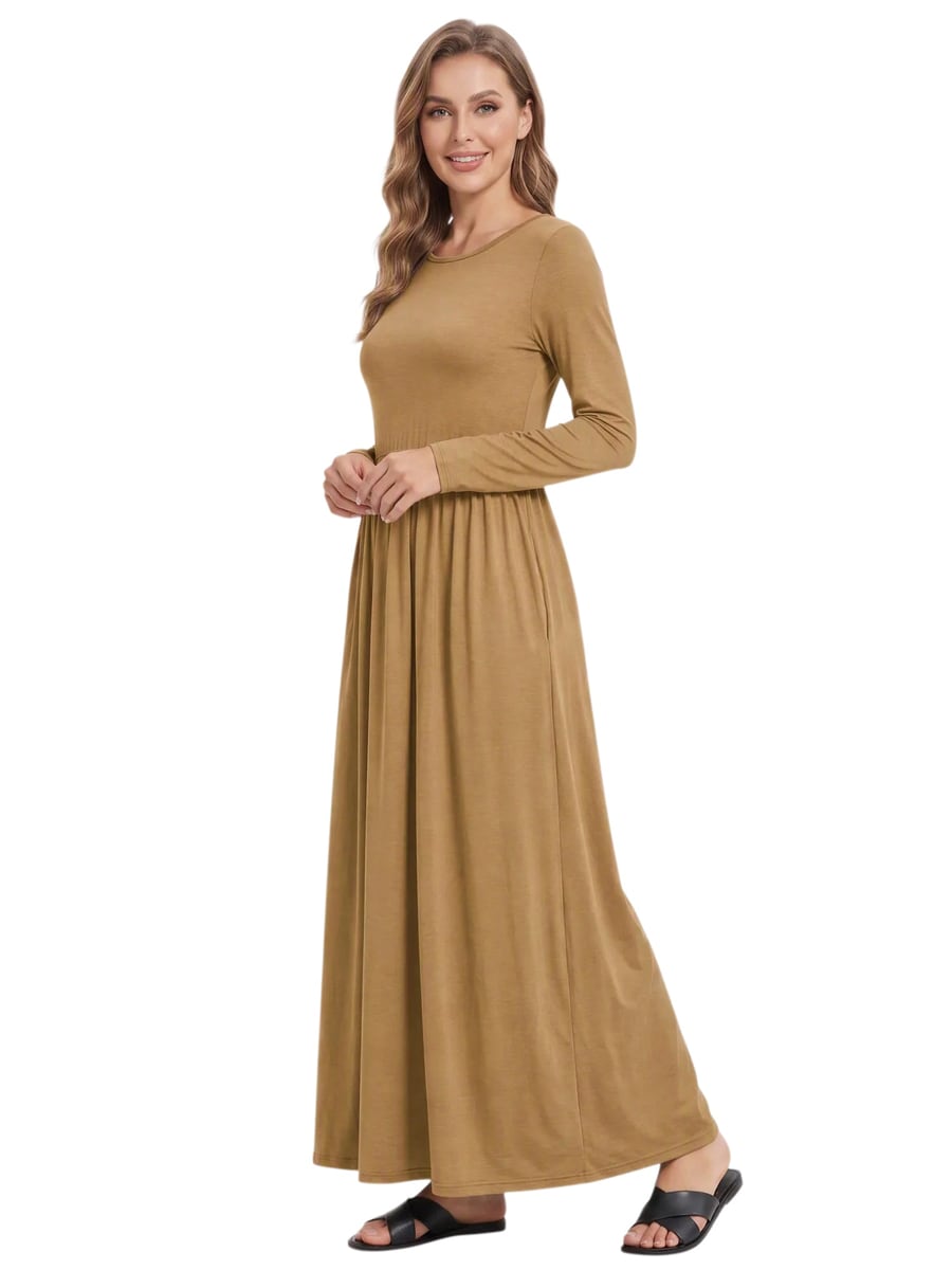 Front view on white, khaki maxi dress
