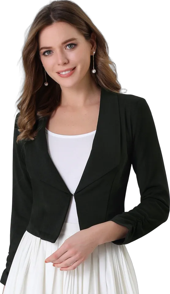 Ruched sleeve open front cropped blazer