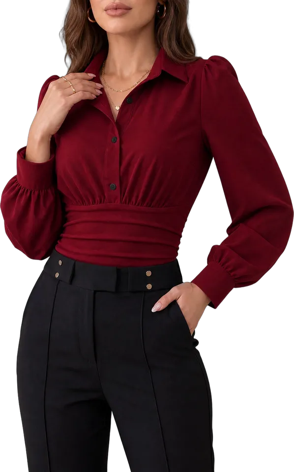 Ruched waist collared puff sleeve bodysuit
