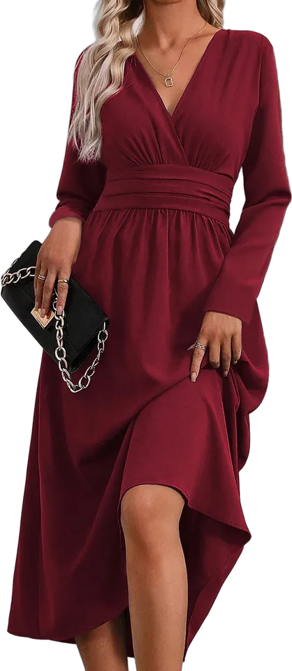 Ruched waist V neck long sleeve midi dress