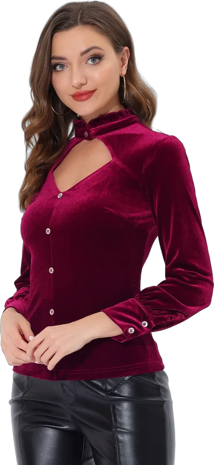 Ruffle collar keyhole velvet blouse