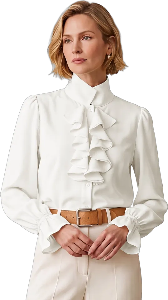 Ruffle mock neck puff sleeve shirt