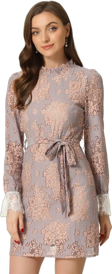 Ruffle neck floral lace mini dress