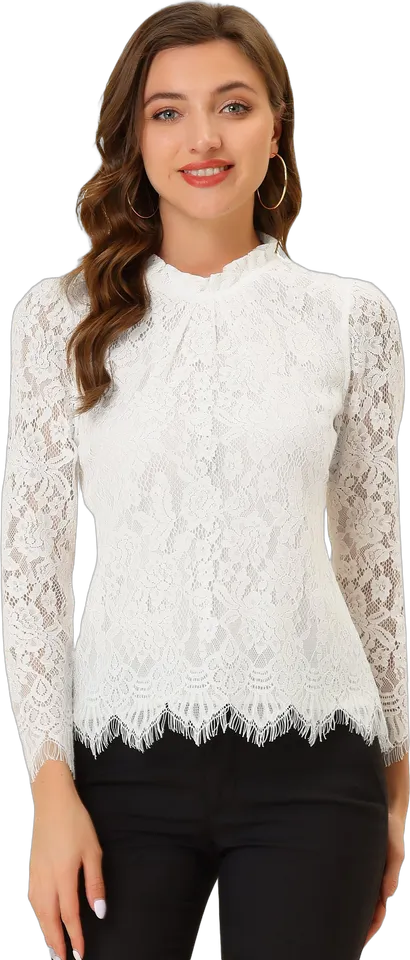 Ruffle neck scalloped lace blouse