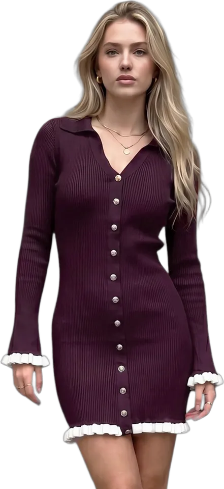 Ruffle trim button front rib sweater dress