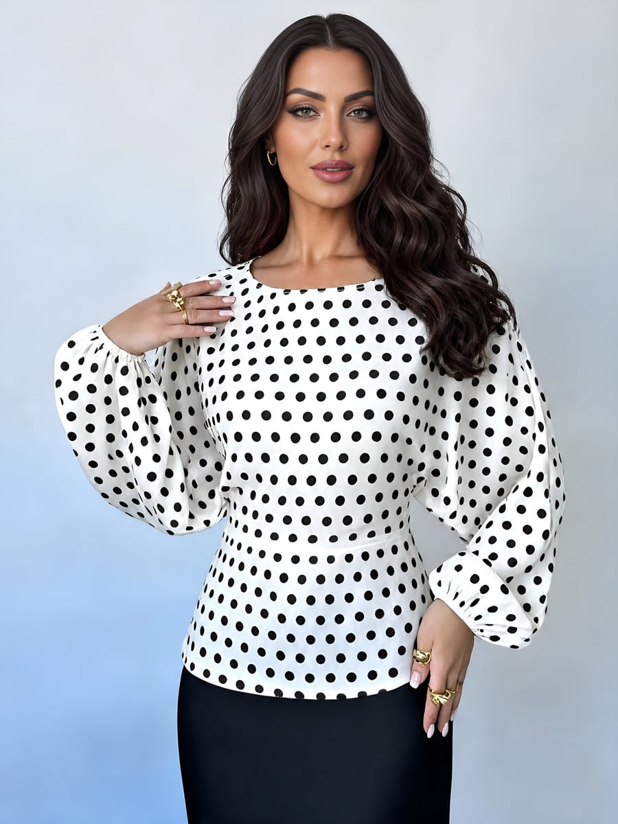 Front view in white polka dot
