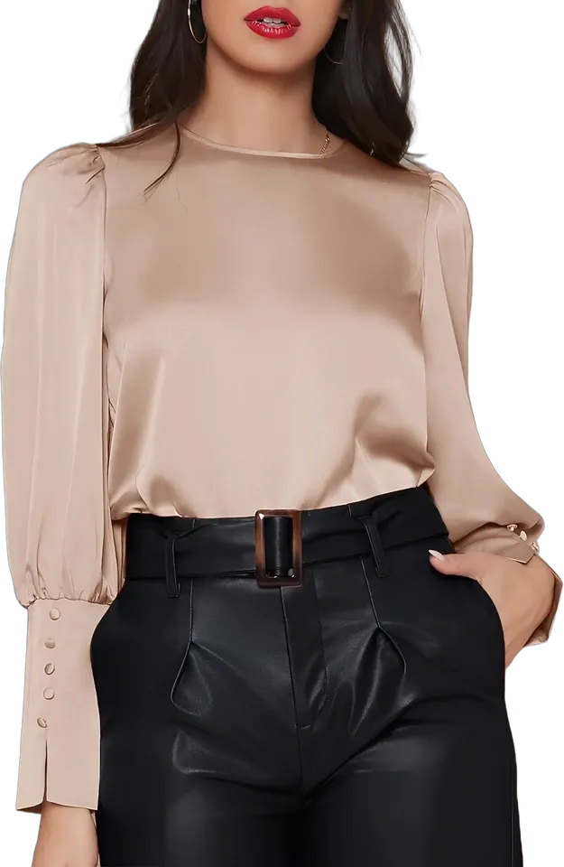 Satin bishop sleeve crew neck blouse