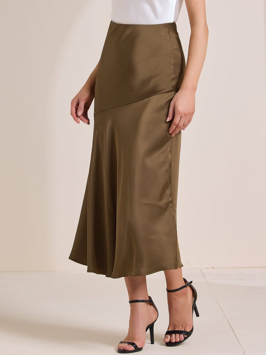 Front view of the brown satin skirt