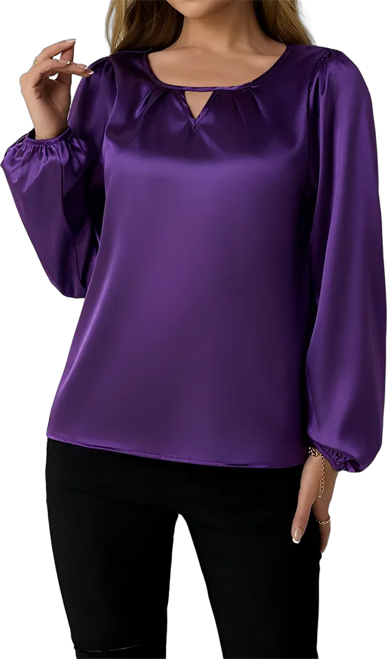 Satin keyhole neck long sleeve blouse