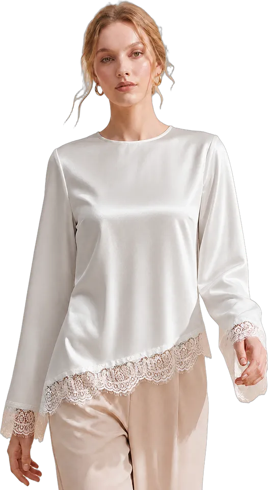 Satin lace hem tie back blouse