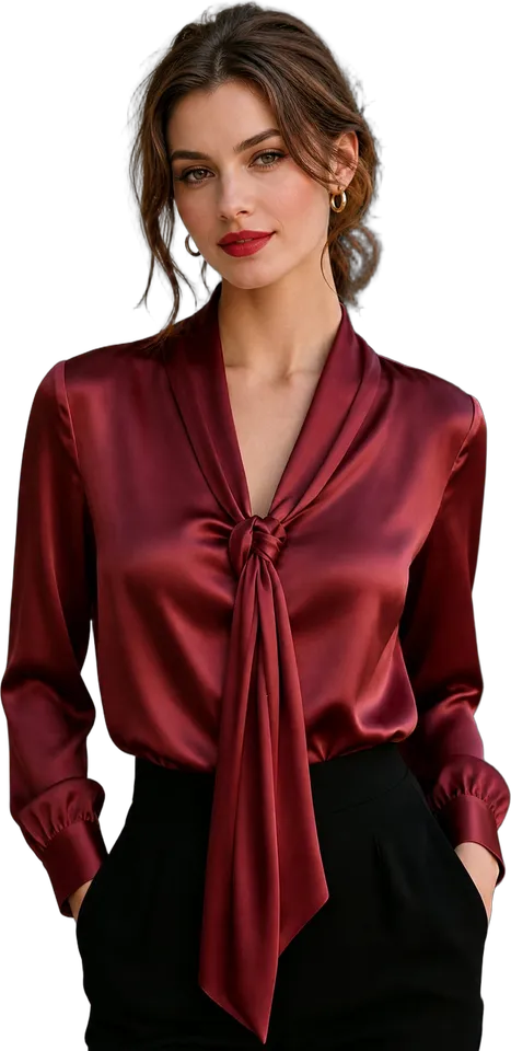 Satin long tie-neck blouse