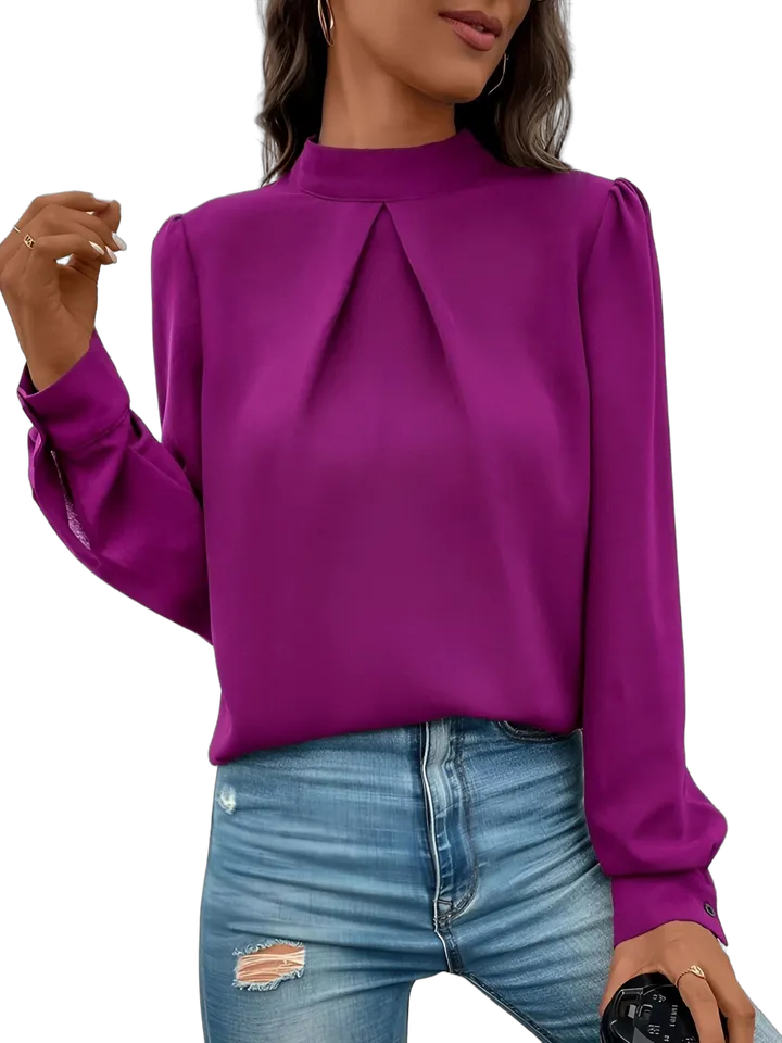 Satin pleated mock neck blouse