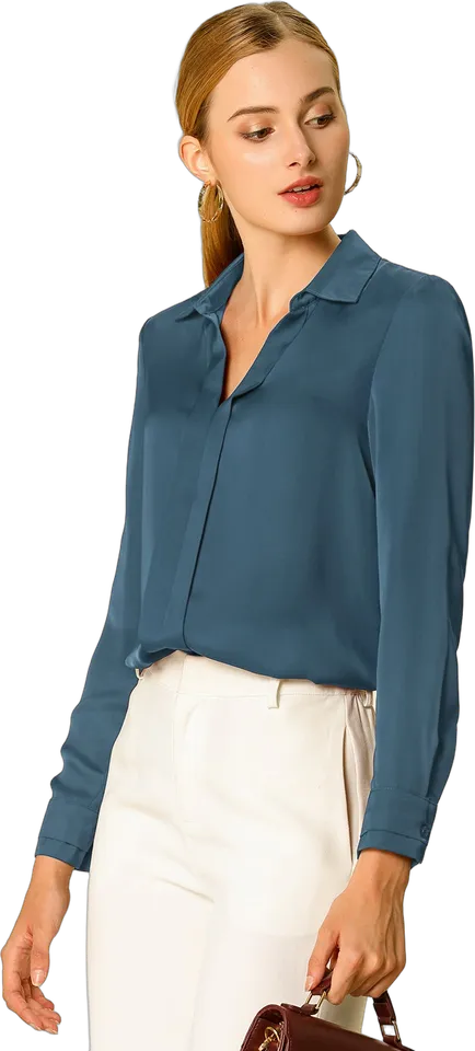 Satin point collar V-neck shirt
