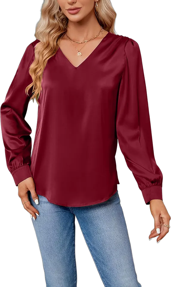 Satin puff sleeve V-neck blouse