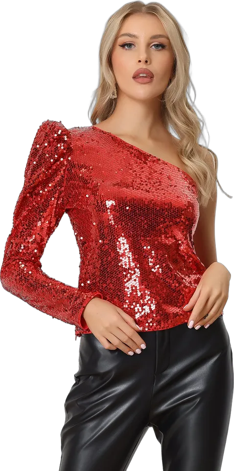 Sequin one shoulder puff sleeve top