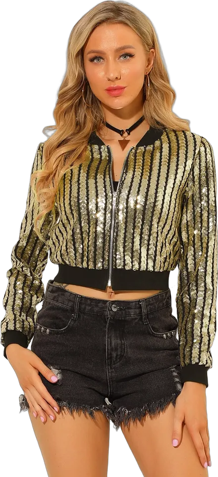 Sequin stripe cropped bomber jacket