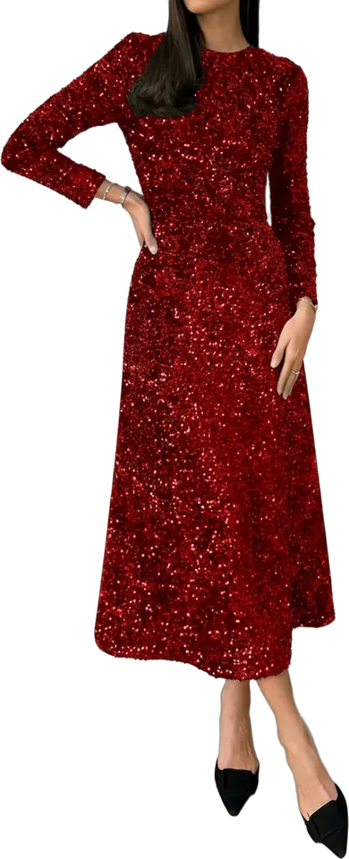 Sequin velvet long sleeve A-line midi dress