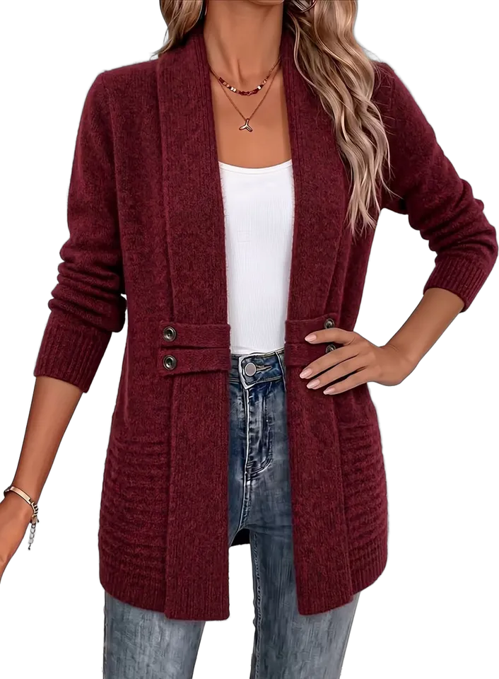 Shawl collar button tab long cardigan