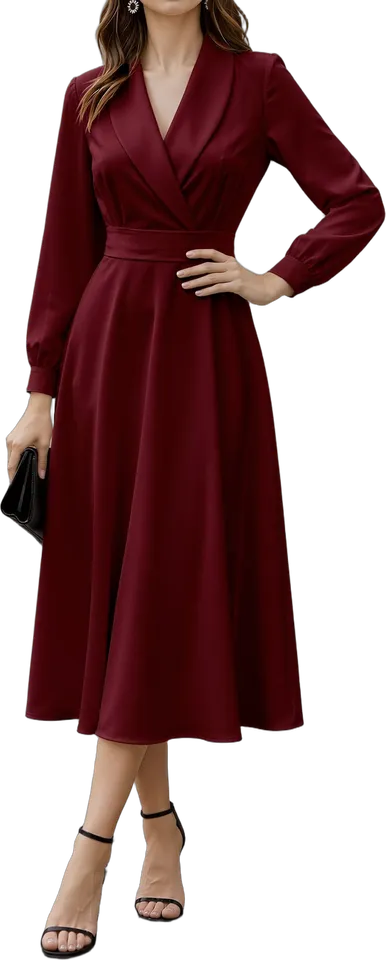 Shawl collar long sleeve A-line midi dress