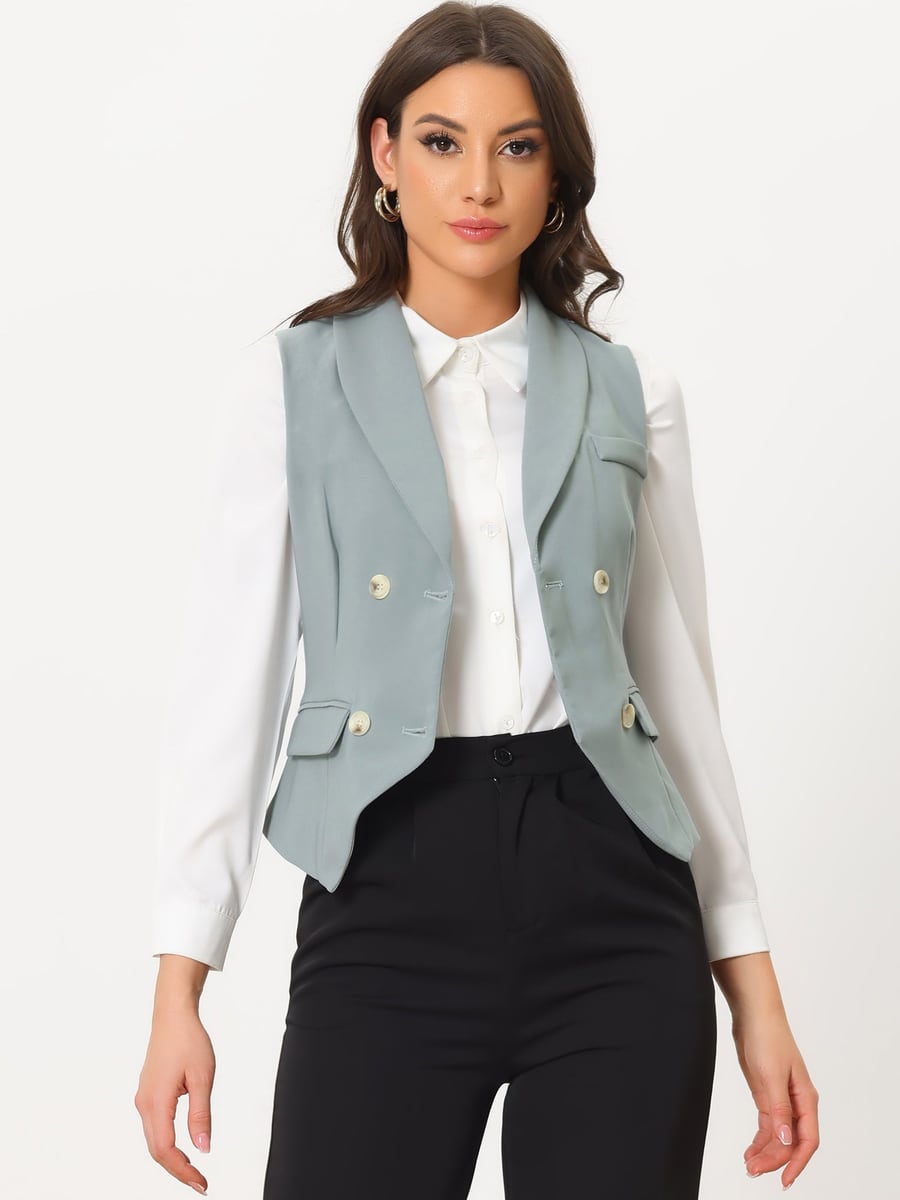 Front view in blue grey over a white shirt