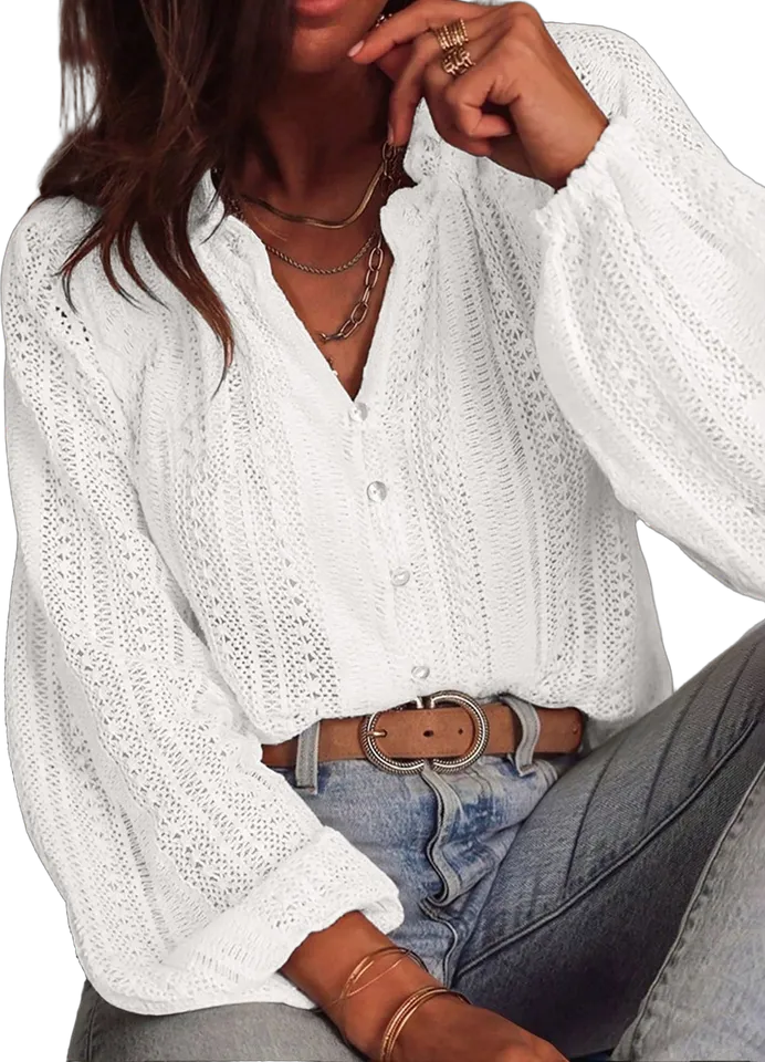 Sheer crochet knit button front blouse
