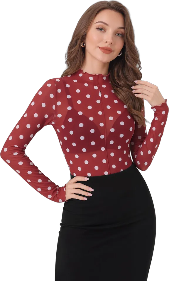 Sheer polka dot mock neck top