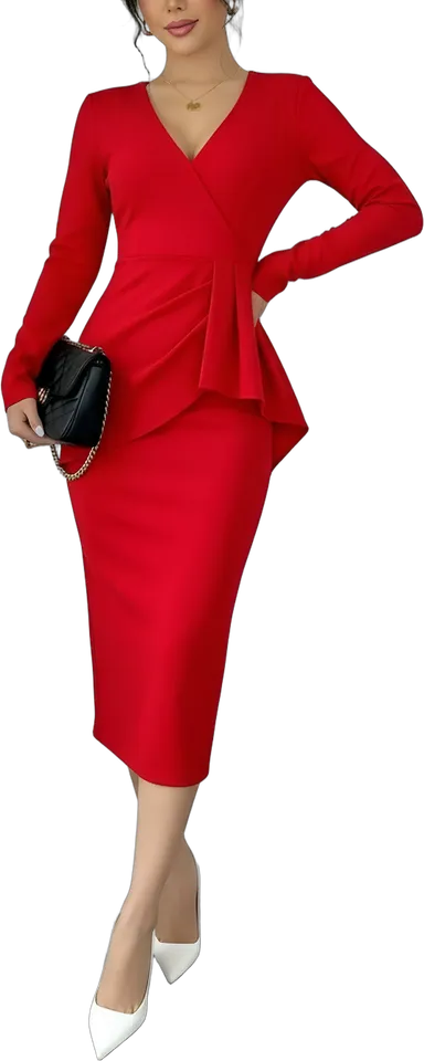 Side peplum V-neck pencil midi dress
