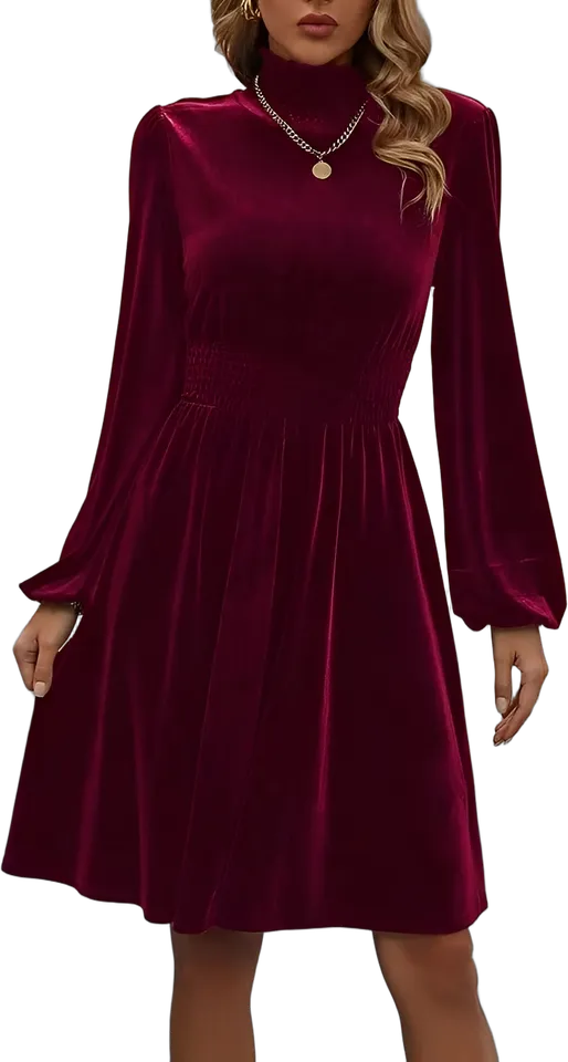 Smocked neck velvet puff sleeve A-line dress