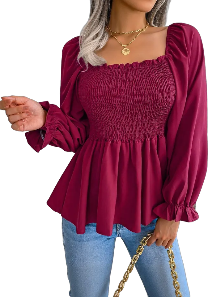 Smocked square neck ruffle peplum blouse