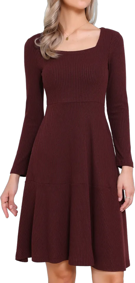 Square neck pocket knit sweater dress