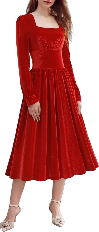 Square neck velvet swing midi dress