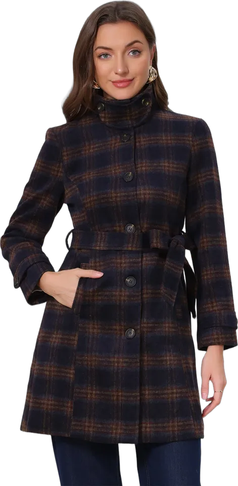 Stand collar belted plaid coat